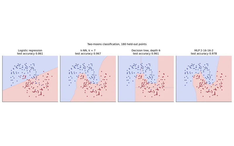Decision boundaries of four classifiers on the two-moons dataset